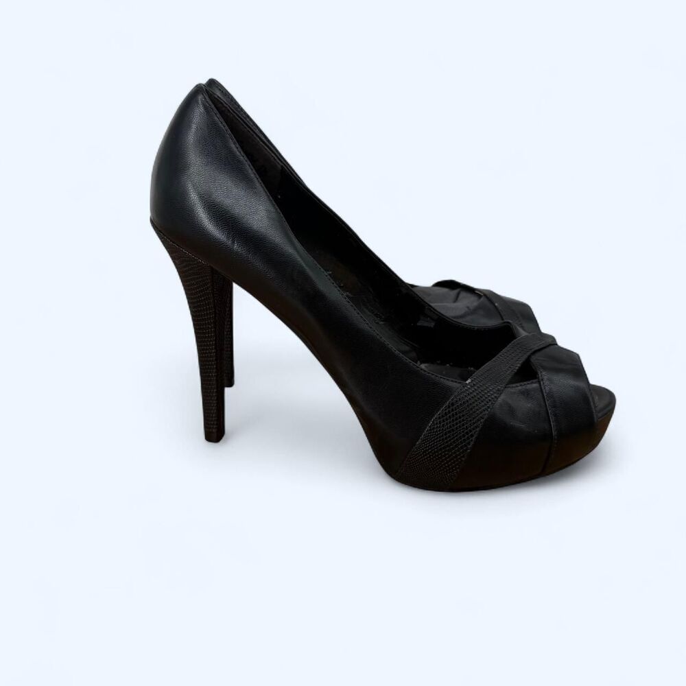 Matte Black Leather Criss Cross Vamp Peep Open Toe Platform Stiletto Pumps NWOT